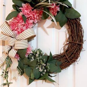 Floral Holiday Wreath with Pink Flowers and Greenery